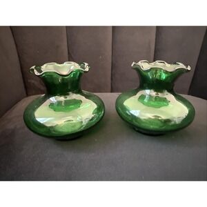 2 Mid Century Forest Green Ruffled Crimped Rim VASES Anchor Hocking 3.5" H